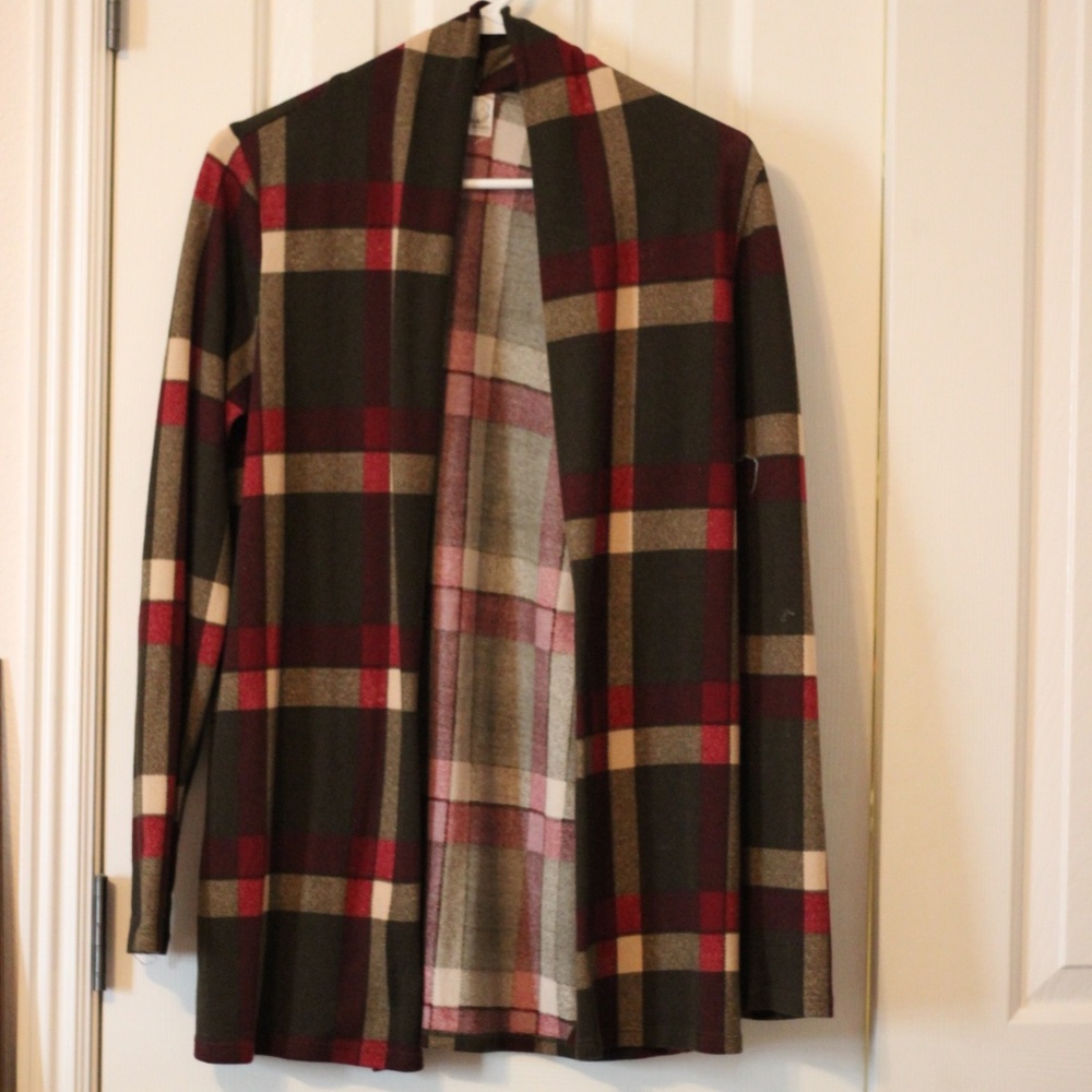 Plaid cardigan with elbow patches